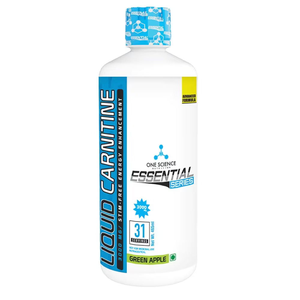 Bottle of Liquid L-Carnitine supplement with blue and white label on a white background