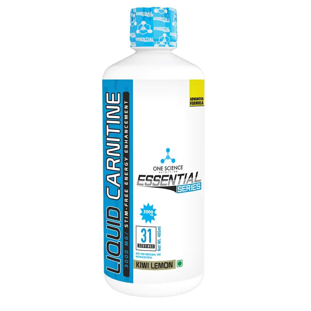 Bottle of Liquid L-Carnitine with blue and white label on a white background