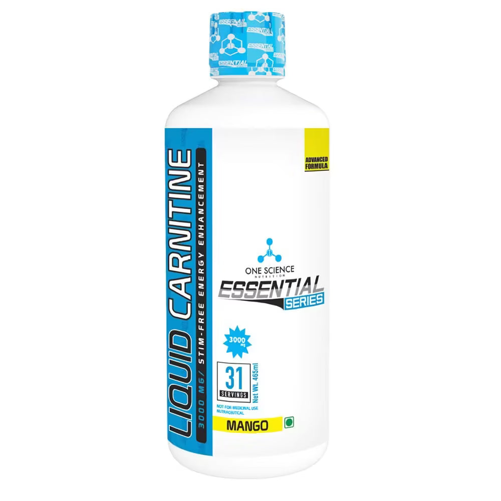 Bottle of Liquid L-Carnitine with blue and white label on a white background