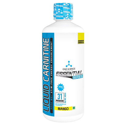 Bottle of Liquid L-Carnitine with blue and white label on a white background