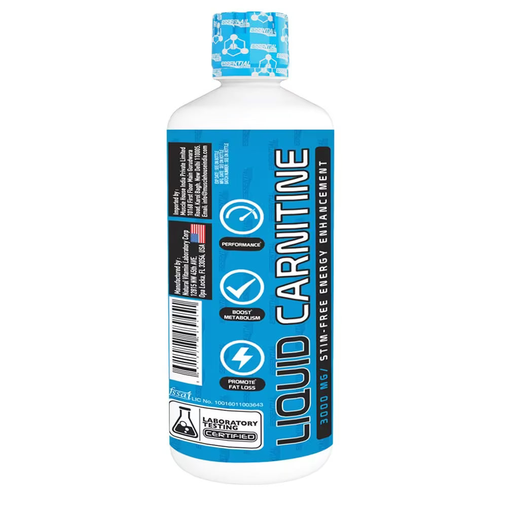 Bottle of Liquid Carnitine supplement with blue and white label on a white background