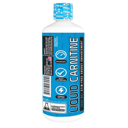 Bottle of Liquid Carnitine supplement with blue and white label on a white background