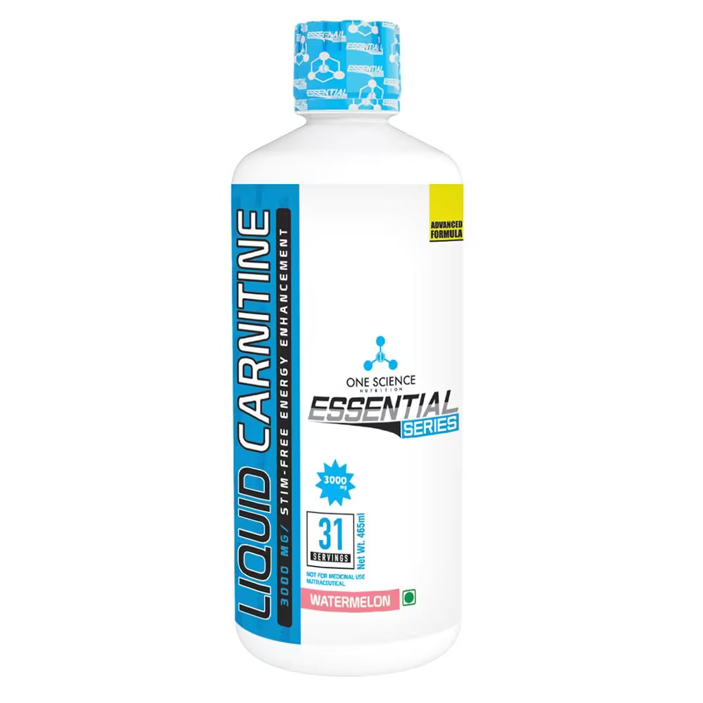 Bottle of Liquid L-Carnitine supplement with blue and white label on a white background