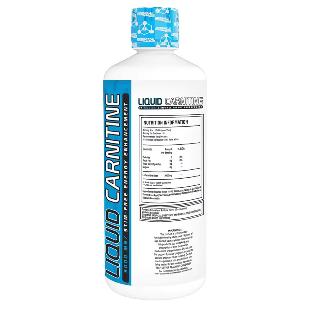 Bottle of Liquid Carnitine supplement with blue label on a white background
