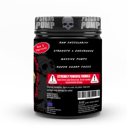 Supplement bottle labeled 'Psycho Pump' with black and white design and red warning label.