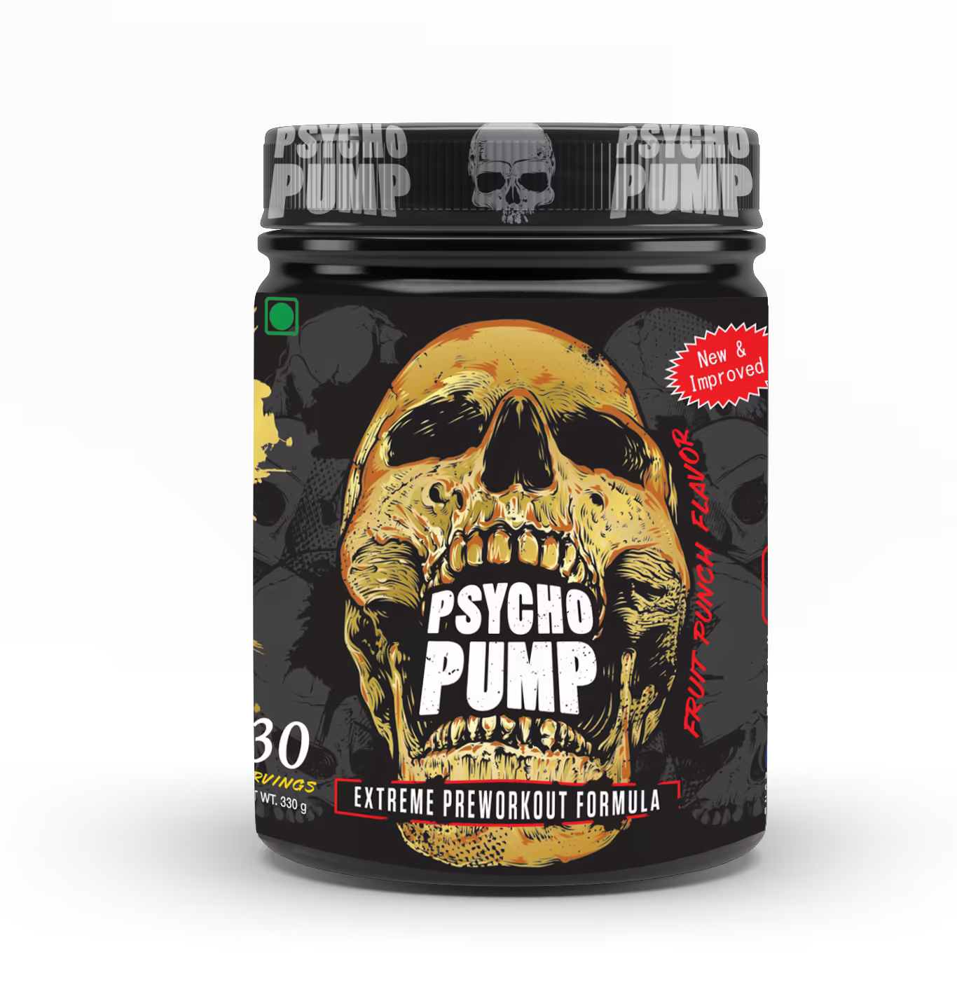 Psycho Pump extreme preworkout formula container with skull design on a black background