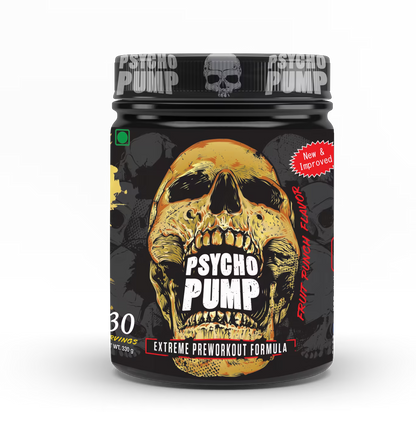 Psycho Pump extreme preworkout formula container with skull design on a black background
