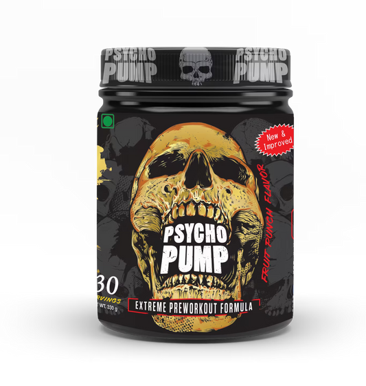 Psycho Pump extreme preworkout formula container with skull design on a black background