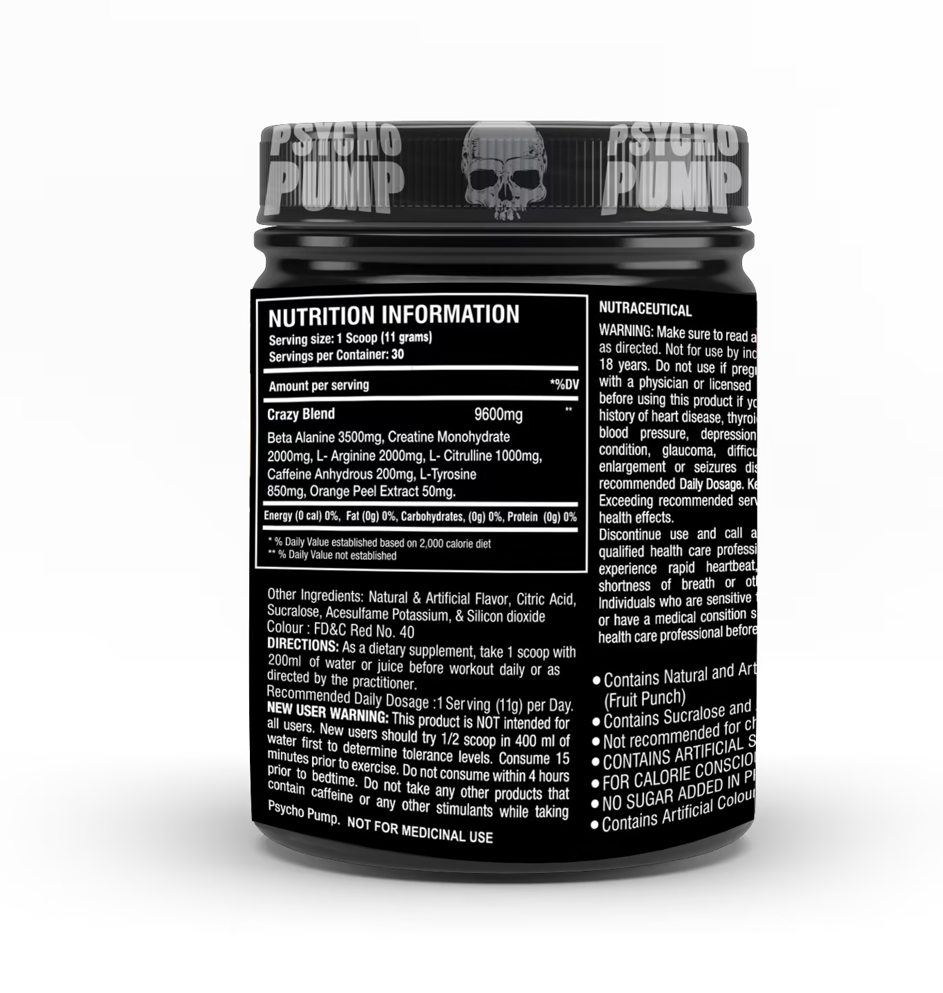 Nutrition information label on a supplement container labeled 'Psycho Pump'.