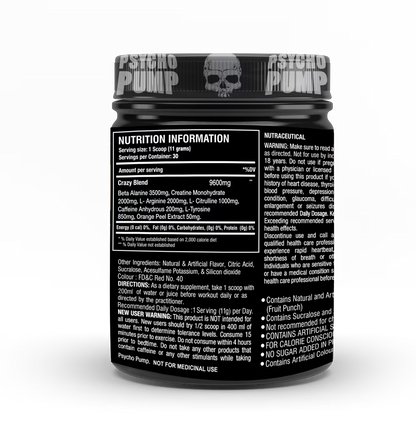 Nutrition information label on a supplement container labeled 'Psycho Pump'.