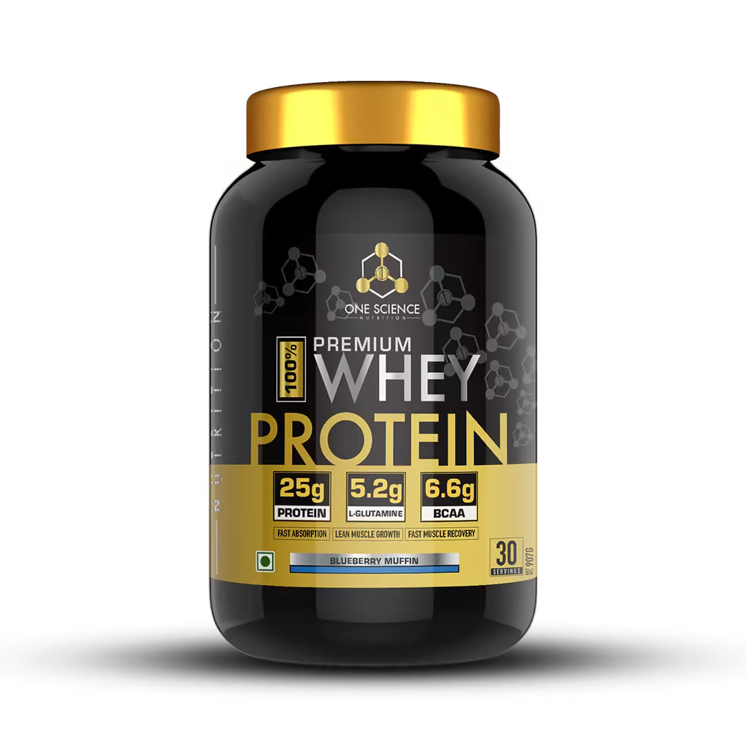Black and gold protein supplement container with One Science Nutrition branding on a white background