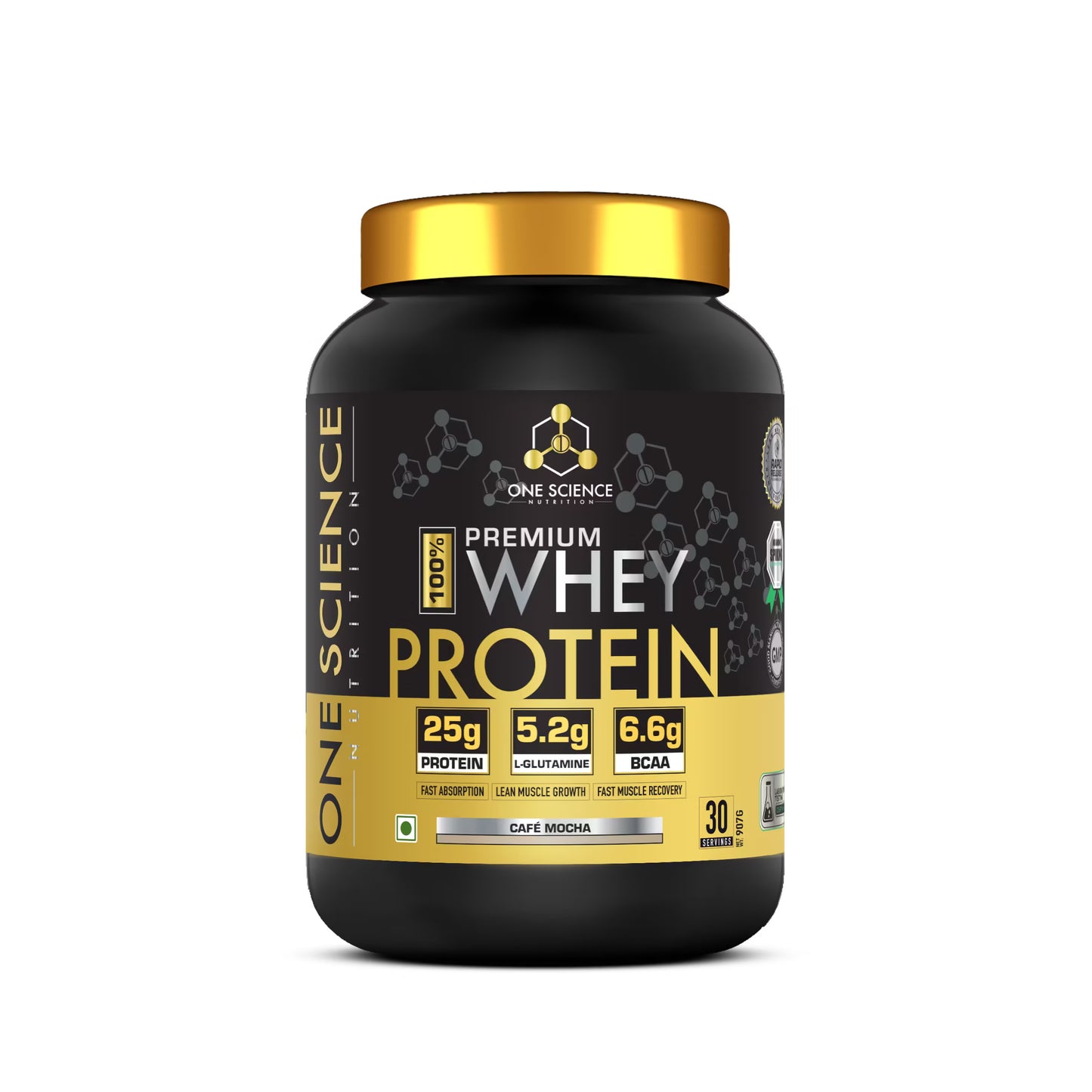 Black and gold protein powder container with 'One Science Nutrition' branding on a white background