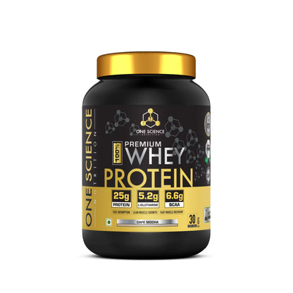 Black and gold protein powder container with 'One Science Nutrition' branding on a white background