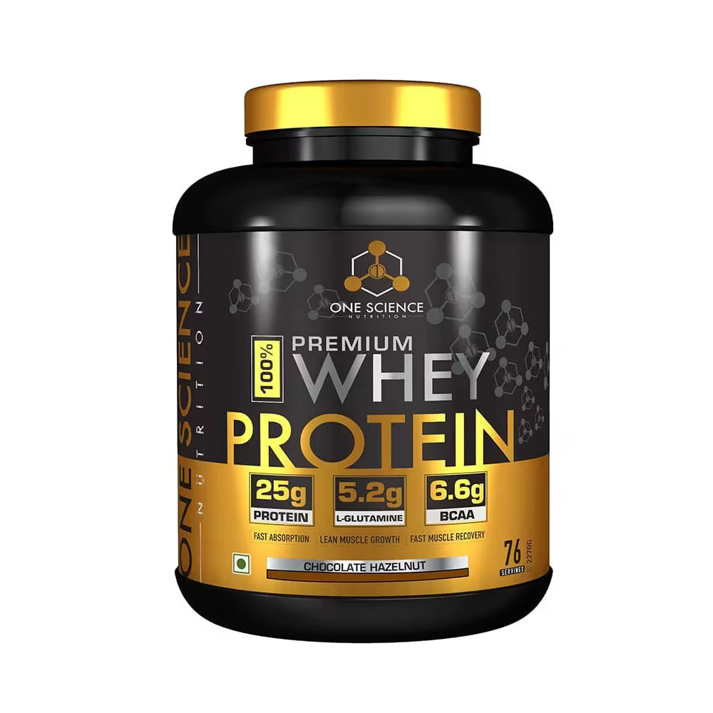 One Science Premium Whey Protein container with gold and black design on a white background