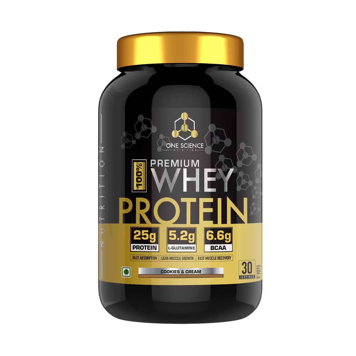 Black and gold protein supplement container with One Science Nutrition branding on a white background