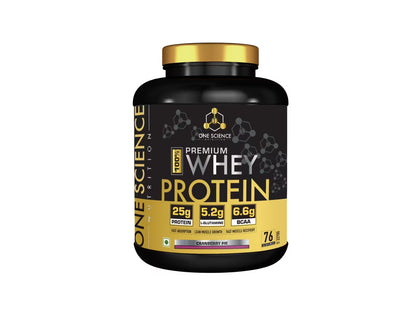Black and gold container of Premium Whey Protein with visible branding on a white background