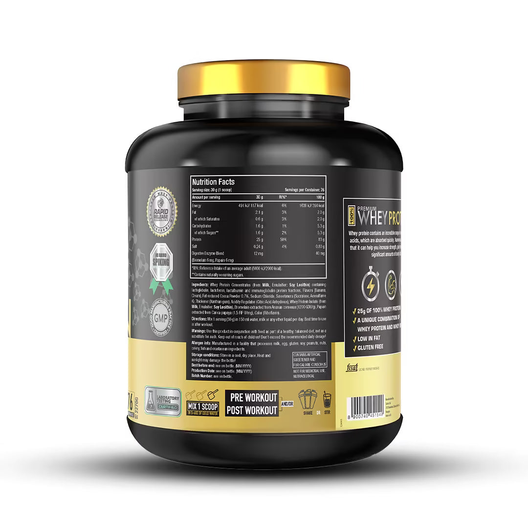Black and gold protein powder container with label on a white background