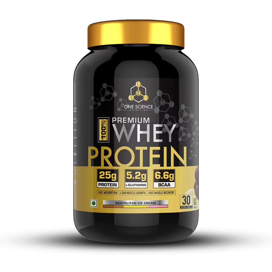 Black and gold protein supplement container with 'One Science' branding on a white background