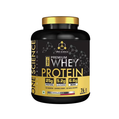 Black and gold protein supplement container with 'One Science Nutrition' branding on a white background