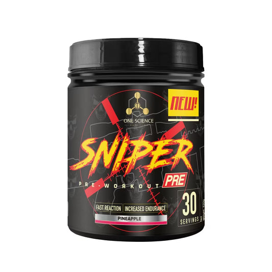 Black pre-workout supplement container labeled 'Sniper' on a white background