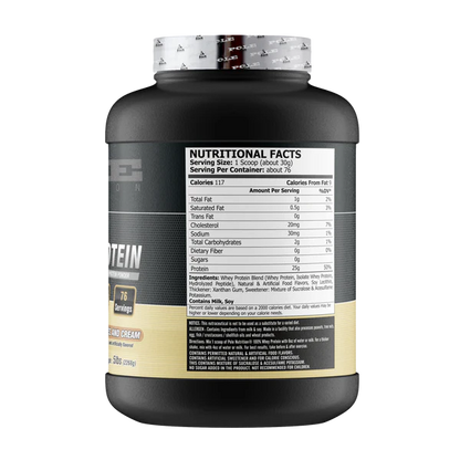 Protein powder container with nutritional facts label on a white background