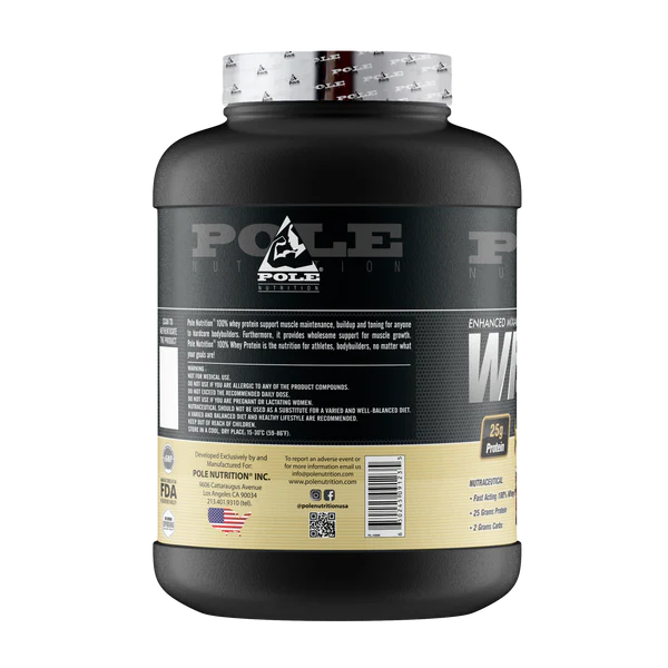 Black protein supplement container with white label on a white background