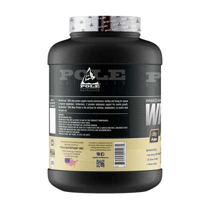 Black protein supplement container with white label on a white background