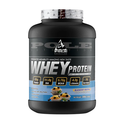 Whey protein container with visible branding on a white background