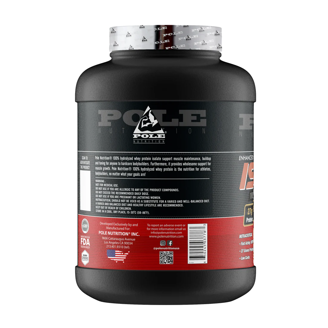 Black supplement container with white and red text on a white background