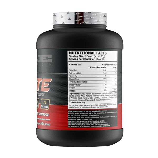 Protein powder container with nutritional facts label on a white background