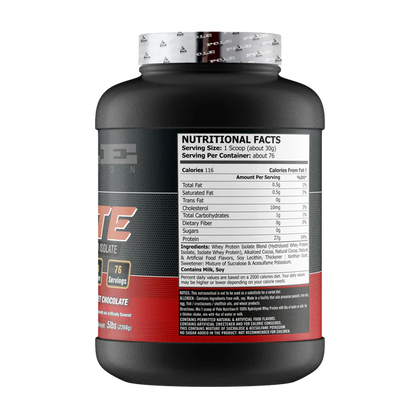 Protein powder container with nutritional facts label on a white background