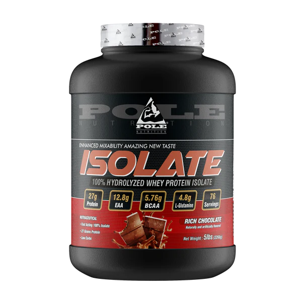 Black and red container of Pole Nutrition Isolate whey protein on a white background