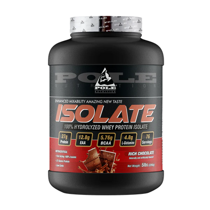 Black and red container of Pole Nutrition Isolate whey protein on a white background