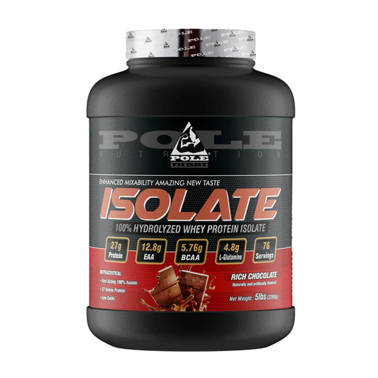 Black and red container of Pole Nutrition Isolate whey protein on a white background