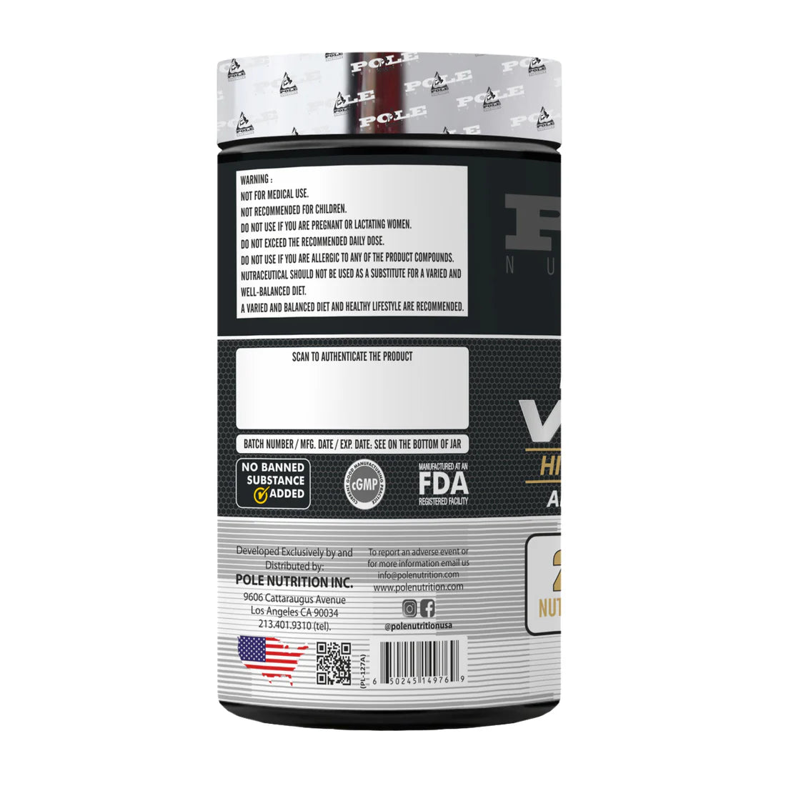Back label of a supplement container with text and logos on a white background