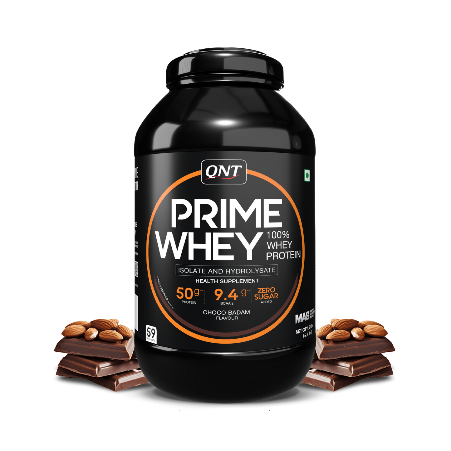 QNT Prime Whey protein powder container with ingredients on a white background