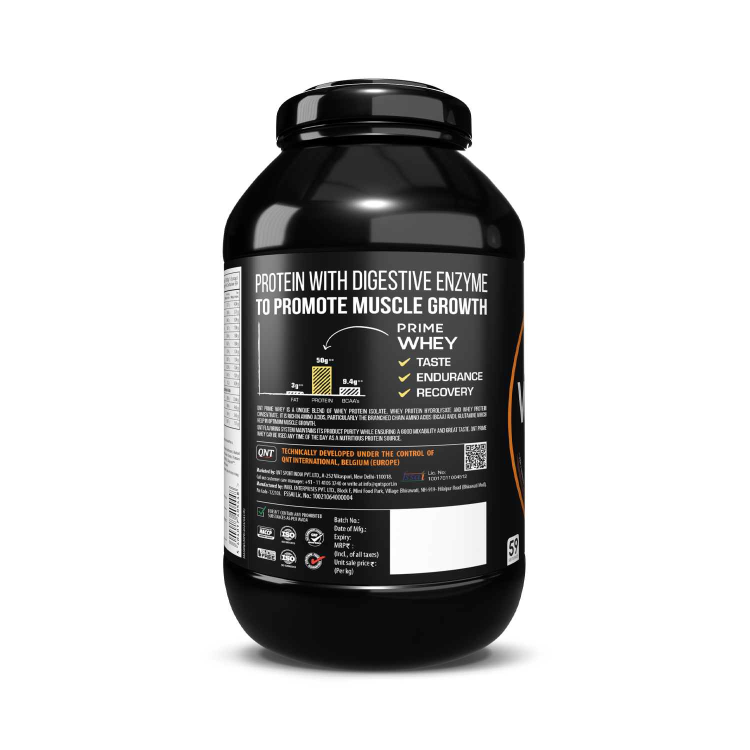 Black supplement container with nutritional information label on a white background