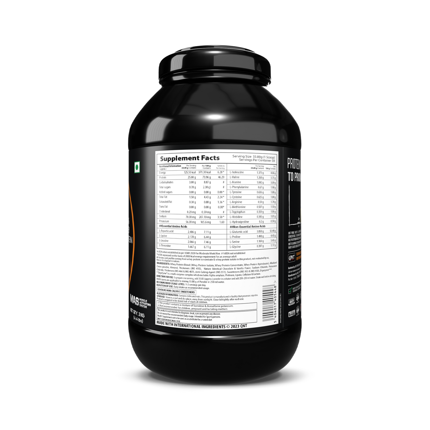 Black supplement container with nutritional label on a white background
