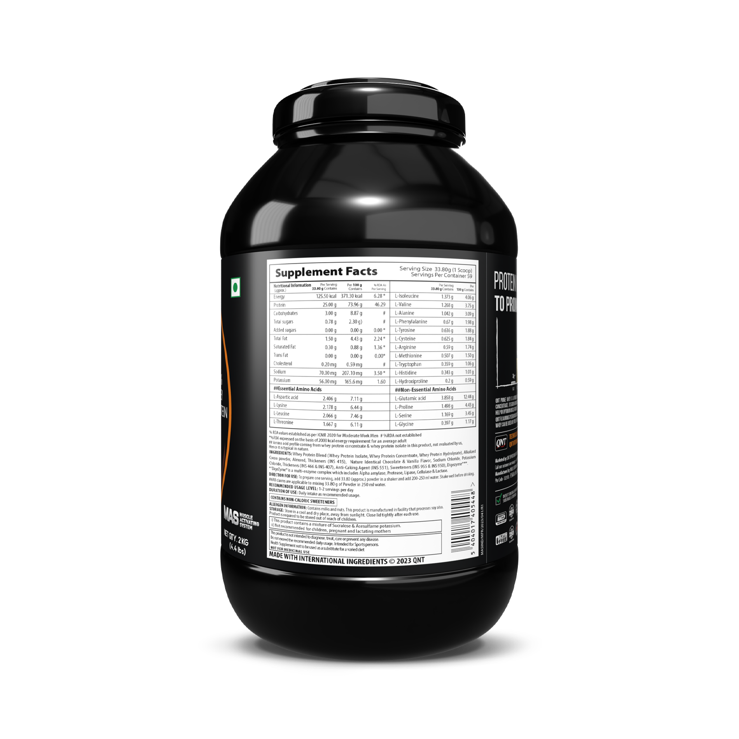 Black supplement container with nutritional label on a white background