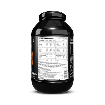 Black supplement container with nutritional label on a white background