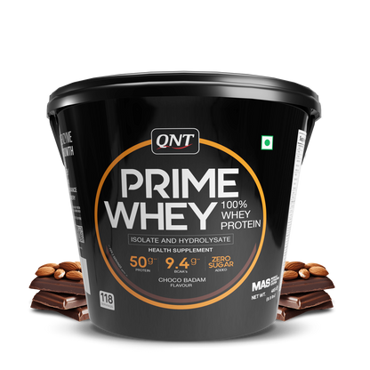 Black container of QNT Prime Whey protein with chocolate and almonds on a white background
