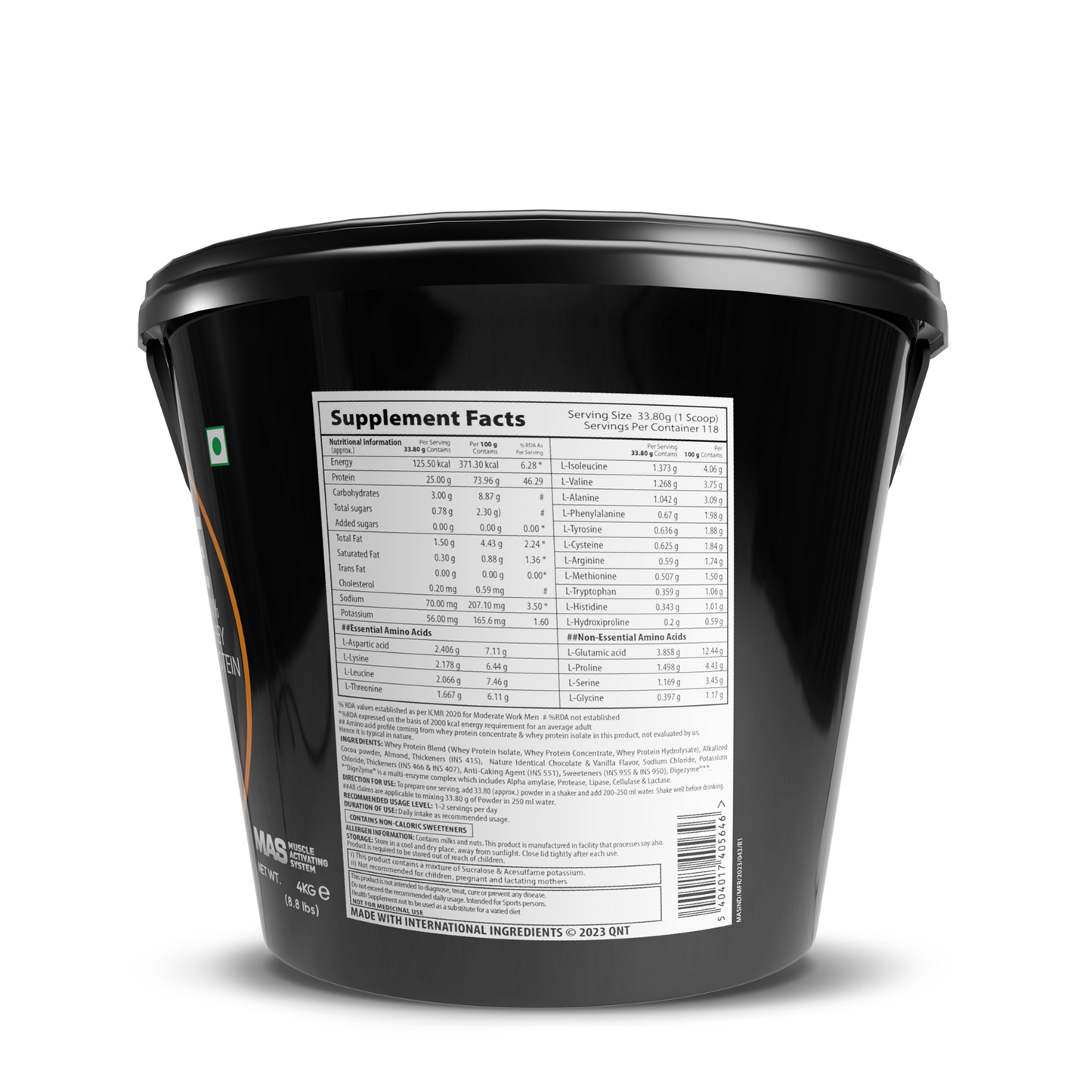 Black supplement container with a label showing supplement facts on a white background