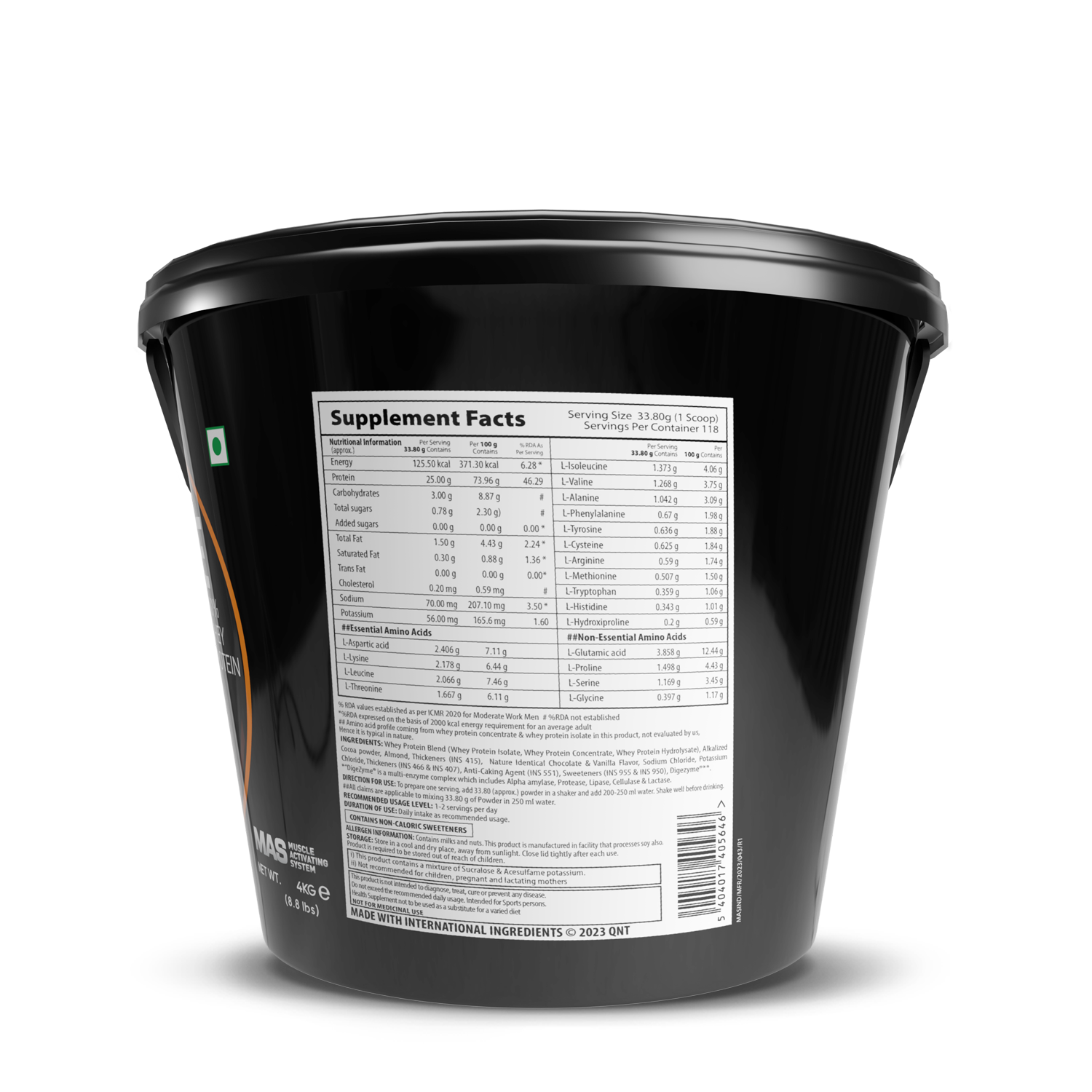 Black supplement container with a label showing supplement facts on a white background