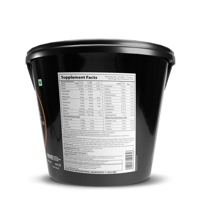 Black supplement container with a label showing supplement facts on a white background