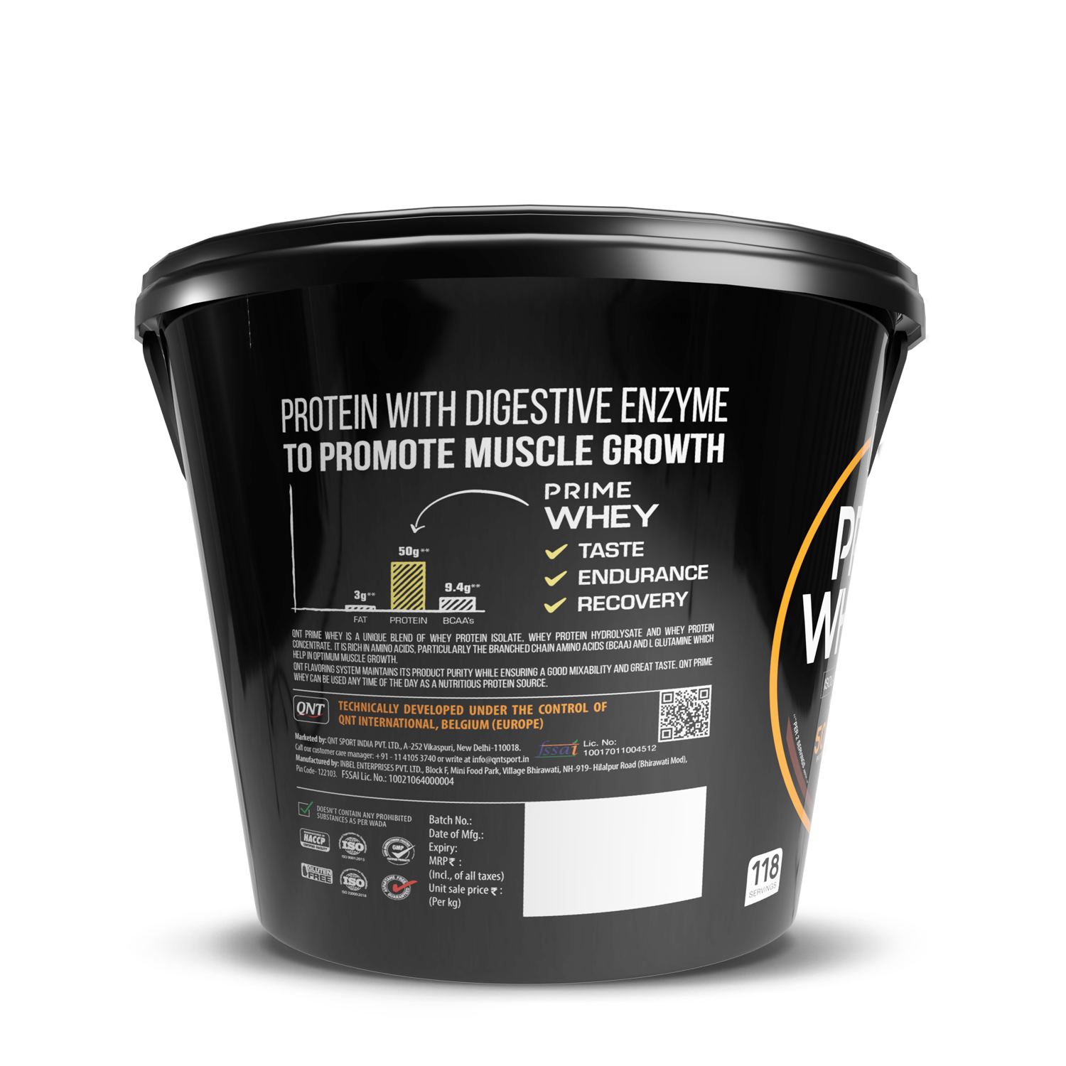 Black container of Prime Whey protein powder with text on a white background