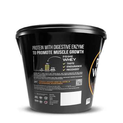 Black container of Prime Whey protein powder with text on a white background