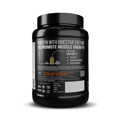 Black container of protein powder with white text on a white background