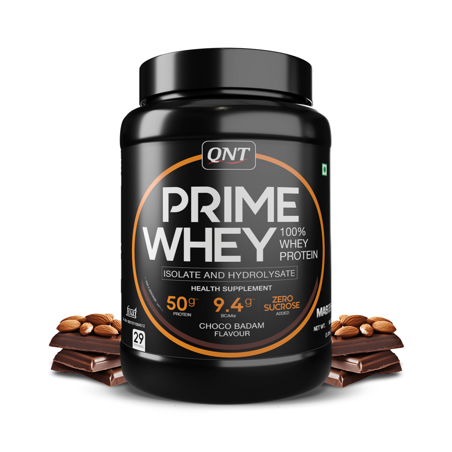 QNT Prime Whey protein powder container with chocolate and almonds on a white background