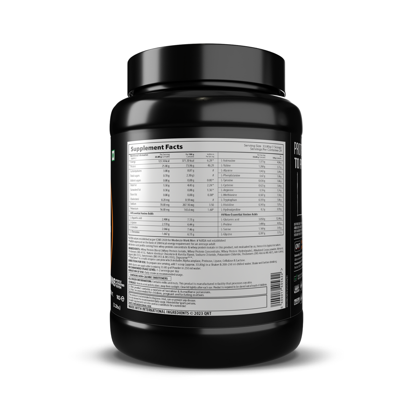 Black supplement container with nutritional label on a white background