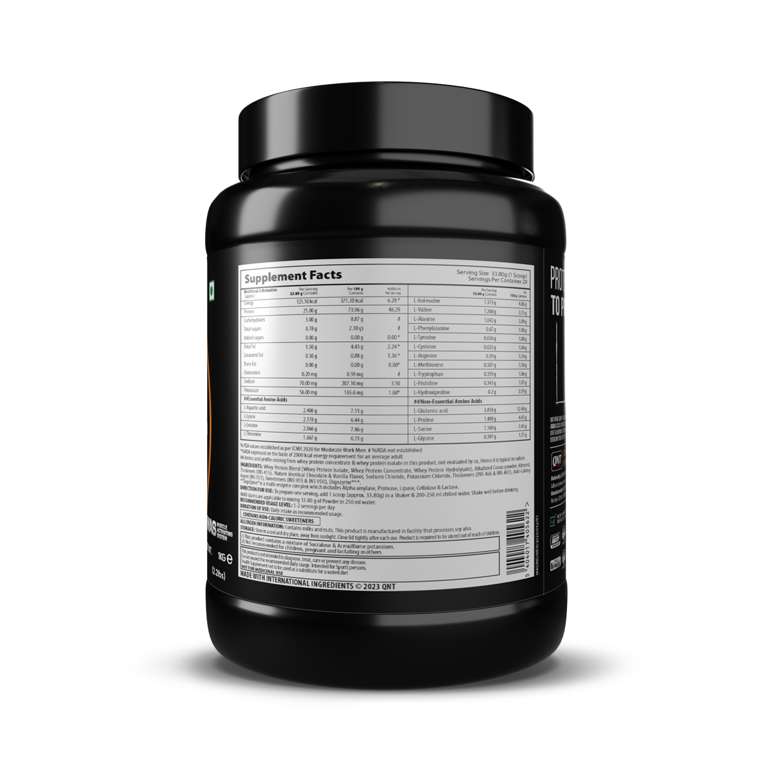 Black supplement container with nutritional label on a white background